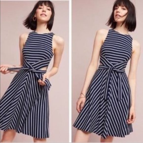 Anthropologie Dresses & Skirts - Anthropologie Hutch Navy and White Striped Cut Out Fit and Flare Dress Size M